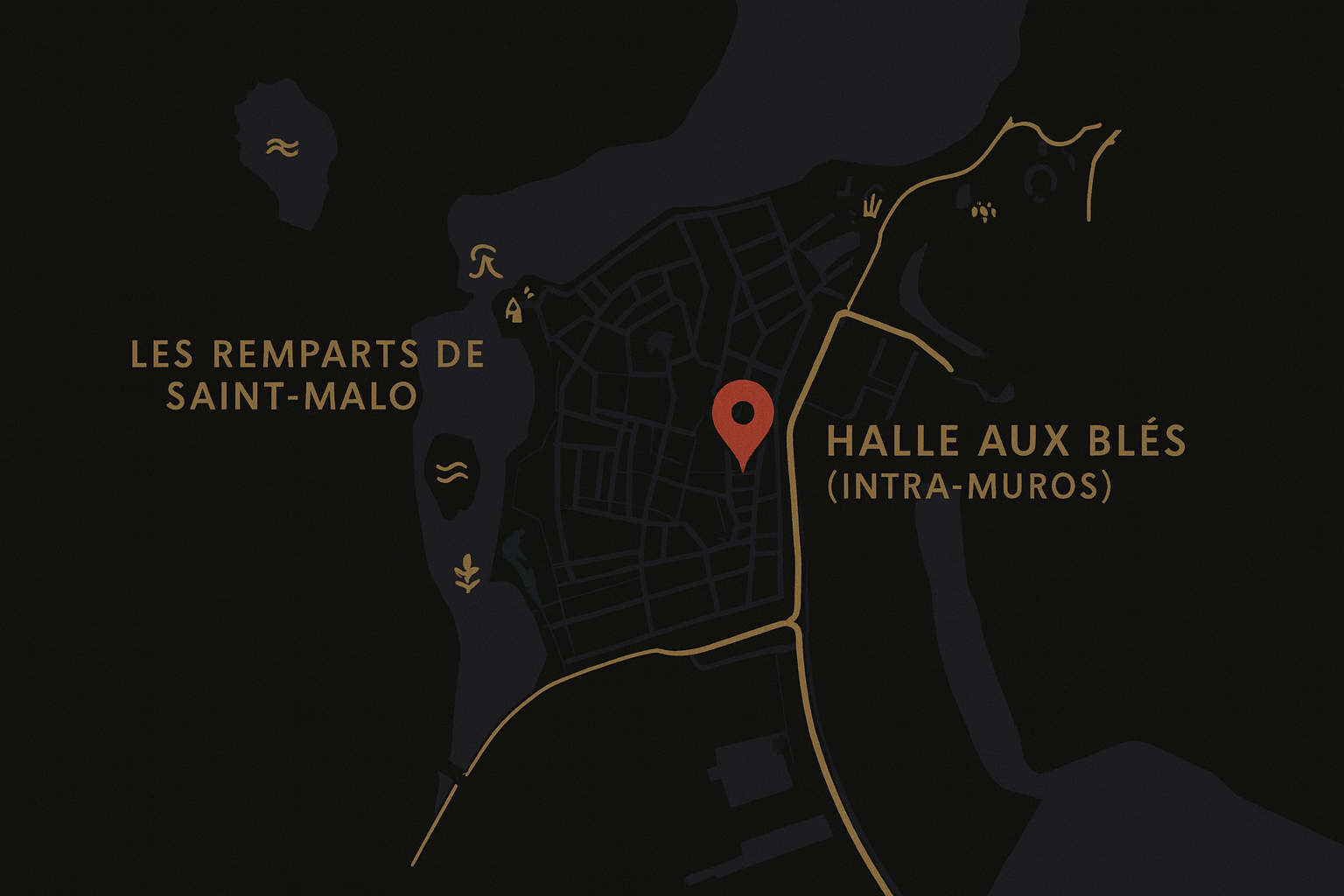 Plan de Saint‑Malo Intra‑Muros localisant la Halle aux Blés