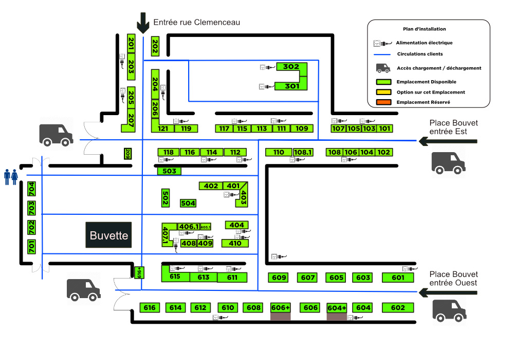 Plan d’installation des Halles du marché — cliquez pour réserver un stand